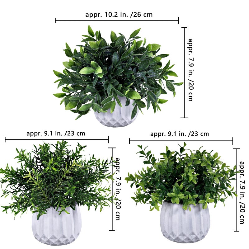 Winlyn Winlyn 3 Pcs Faux Potted Plants Set - Artificial Eucalyptus  Rosemary  Boxwood Greenery in Small White Geometric Planters for Indoor Outdoor Desk Table Centerpiece Shelf Windowsill Home Office Decor - Image 3
