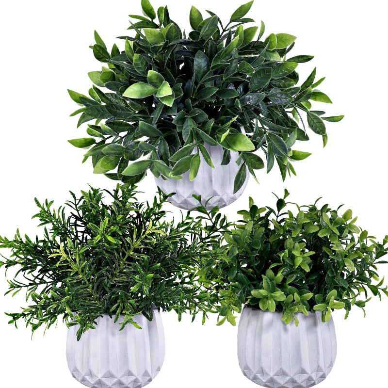 Winlyn Winlyn 3 Pcs Faux Potted Plants Set - Artificial Eucalyptus  Rosemary  Boxwood Greenery in Small White Geometric Planters for Indoor Outdoor Desk Table Centerpiece Shelf Windowsill Home Office Decor - Image 1