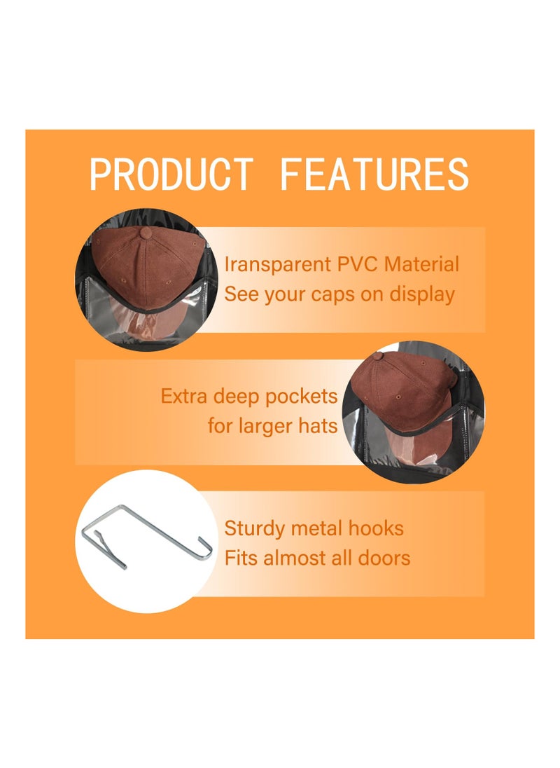 SYOSI - 27 Pockets Hat Rack For Baseball Caps, Baseball Hat Organizer for Wall&Over the Door, Caps Hat Holder Hanger For Closet With Large Clear Pockets with 3 Hooks, Hat Storage to Protect and Display - Image 1