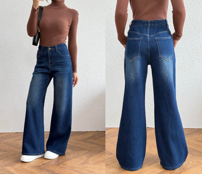 heipeiwa Women's Fleece Lined Jeans Wide Leg Baggy Winter Thermal Flannel Y2K Boyfriend Jean Denim Pants Dark Blue - Image 3