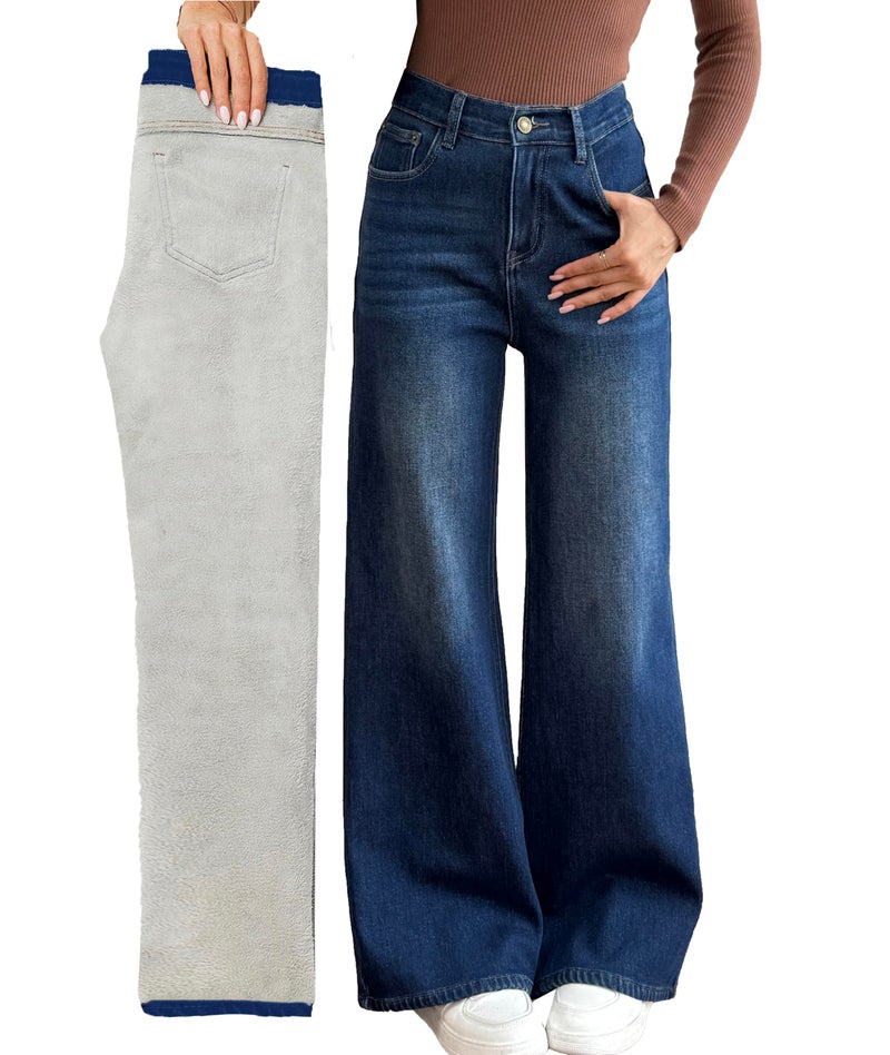 heipeiwa Women's Fleece Lined Jeans Wide Leg Baggy Winter Thermal Flannel Y2K Boyfriend Jean Denim Pants Dark Blue - Image 1