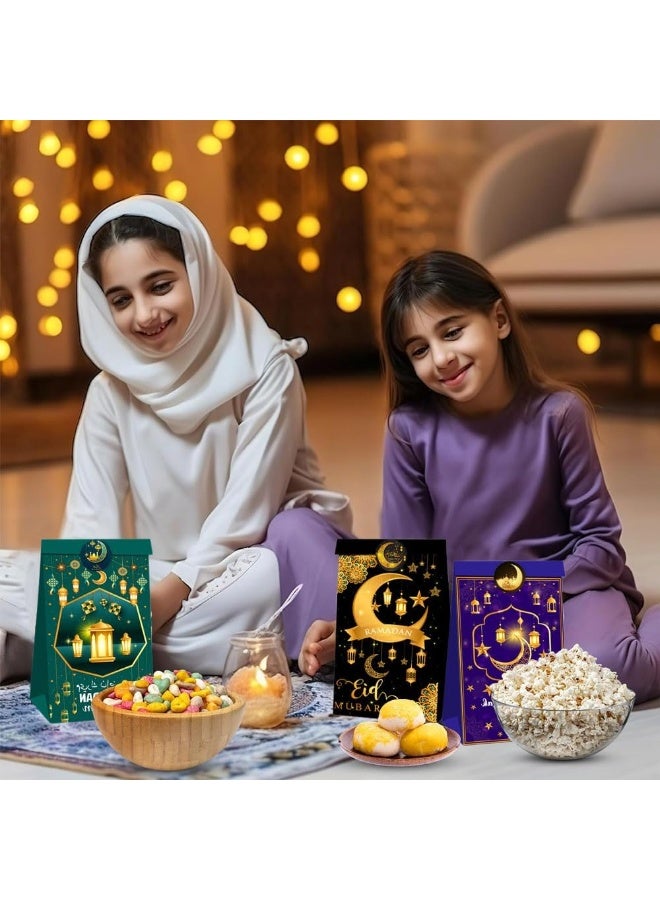 12 قطعة من أكياس هدايا حفلات رمضان مع ملصقات وأكياس هدايا رمضان كريم وأكياس حلوى عيد الفطر وأكياس تغليف العيد متعددة الوظائف لمستلزمات حفلات العيد الإسلامية - Image 5