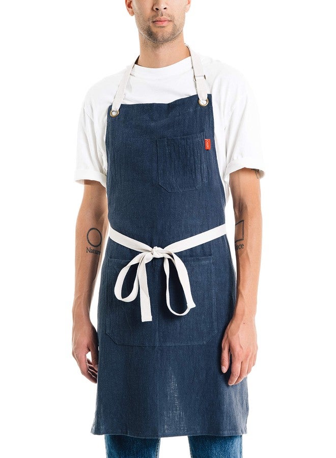 Caldo Linen Kitchen Apron for Cooking- Mens and Womens Linen Bib Apron for Professional Chef, Server, or Barista- Adjustable with Pockets (Navy) - Image 1