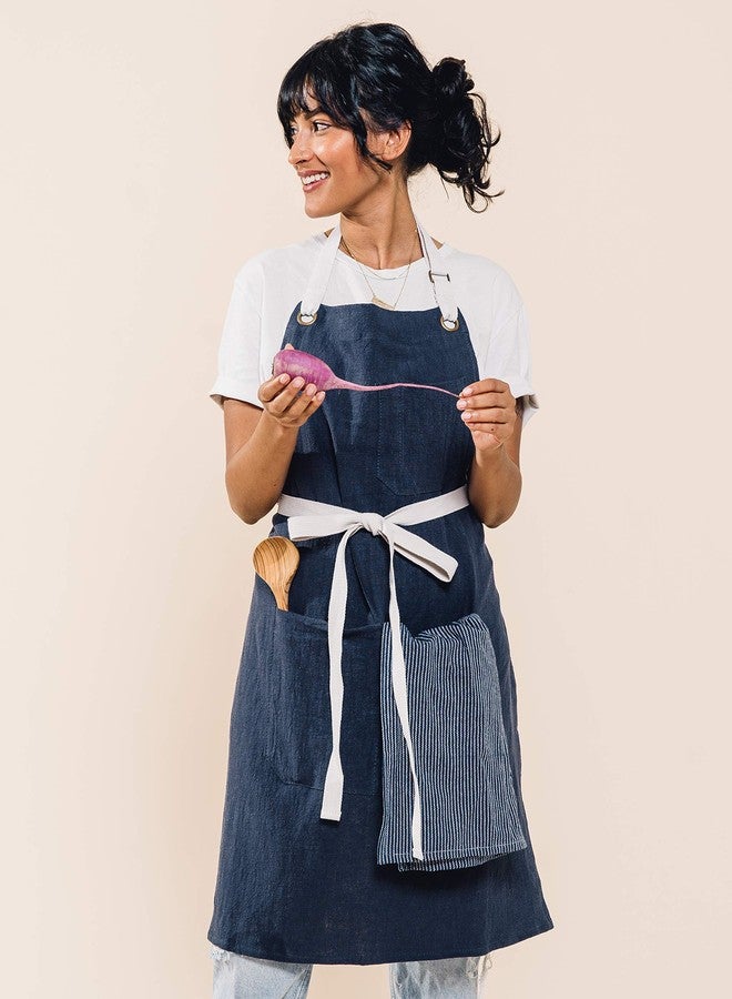 Caldo Linen Kitchen Apron for Cooking- Mens and Womens Linen Bib Apron for Professional Chef, Server, or Barista- Adjustable with Pockets (Navy) - Image 3