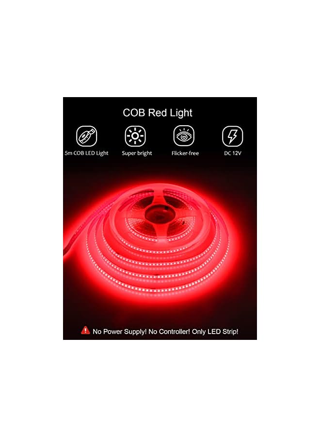 The Bros أضواء شريط LED COB حمراء 5م 12فولت 1600LEDs مرنة توهج موحد شريط ضوء LED لاصق قوي IP20 لغرفة النوم الفندق بار السيارة ديكور إضاءة المنزل (بدون محول طاقة وبدون خافت) - Image 4