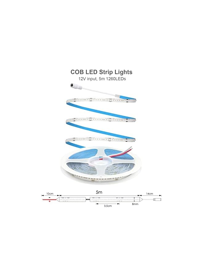 The Bros أضواء شريط LED COB حمراء 5م 12فولت 1600LEDs مرنة توهج موحد شريط ضوء LED لاصق قوي IP20 لغرفة النوم الفندق بار السيارة ديكور إضاءة المنزل (بدون محول طاقة وبدون خافت) - Image 3