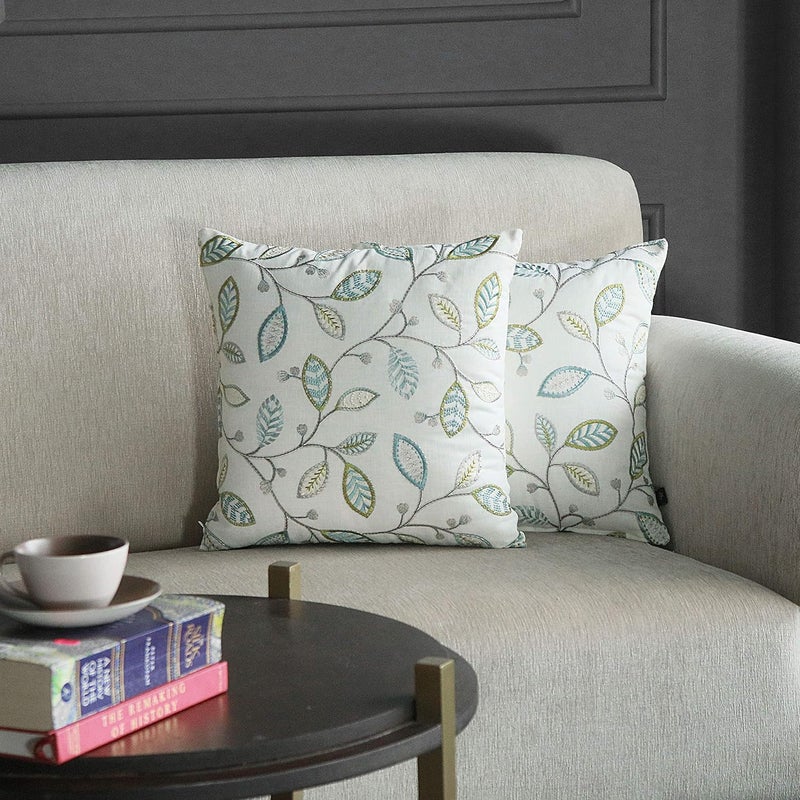 GMF GM Luxury Home Decor Embroidered Leaf Cotton Cushion Cover with Zipper Luxurious Soft Decorative Square Pillow Cover for Living Room Bedroom Home Decor Pack of 2 Size 16 x 16 inch Ivory - Image 1