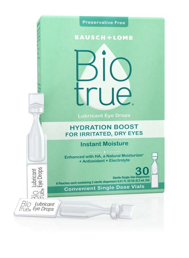Biotrue Hydration Boost Eye Drops for Irritated, Dry Eyes in Single Dose Vials from Bausch + Lomb, Instant Moisture, Preservative Free, pH Balanced, Naturally Inspired, Pack of 30 Vials  - Image 1