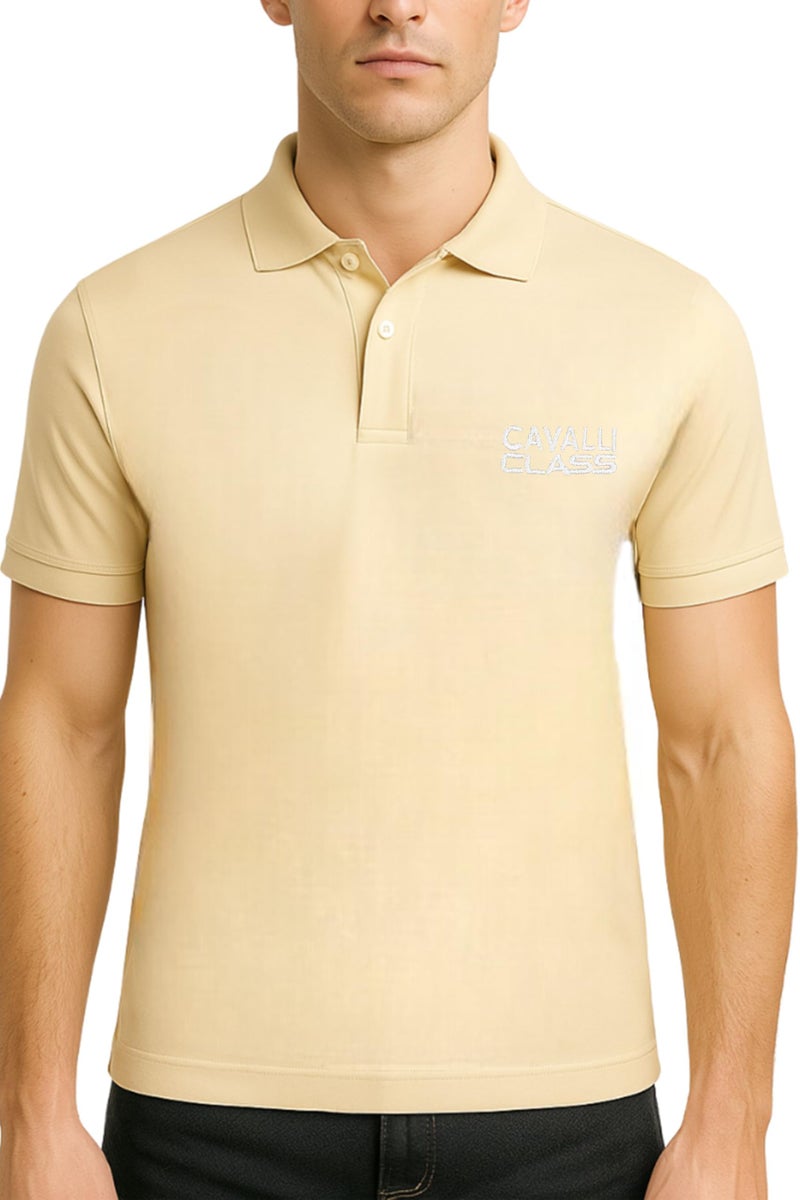 CAVALLI CLASS Men's Polo Collar Cotton Half Sleeve Brand Logo T-Shirt Beige - Image 1