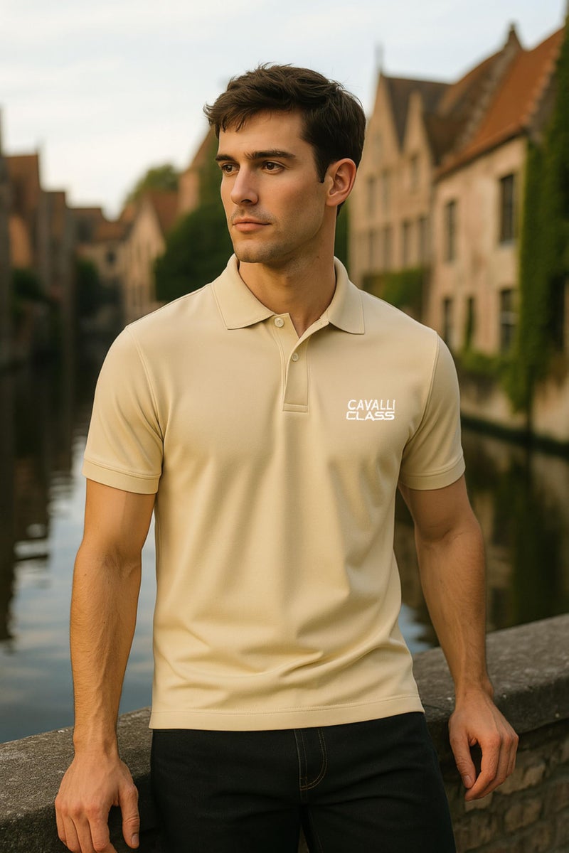 CAVALLI CLASS Men's Polo Collar Cotton Half Sleeve Brand Logo T-Shirt Beige - Image 3