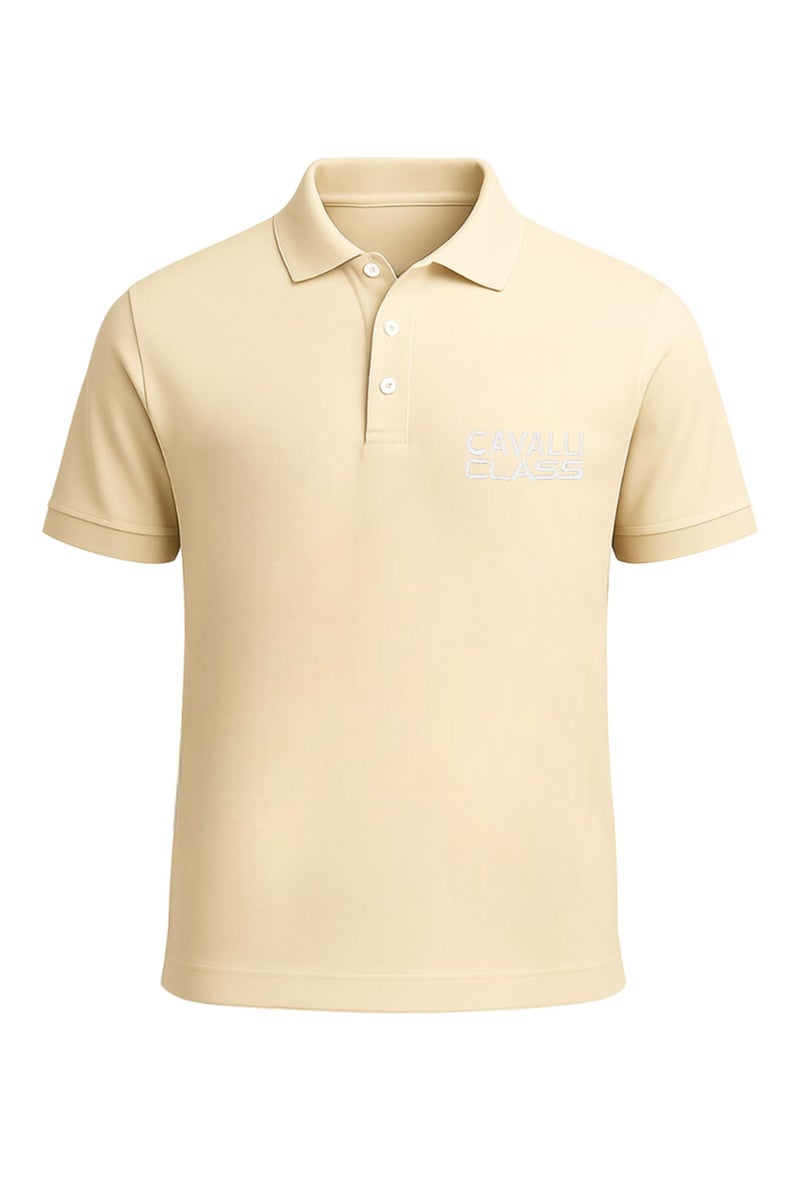 CAVALLI CLASS Men's Polo Collar Cotton Half Sleeve Brand Logo T-Shirt Beige - Image 2