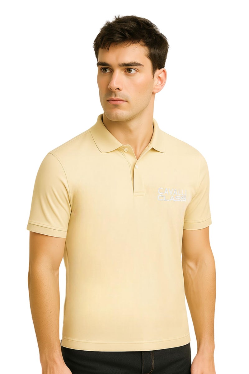CAVALLI CLASS Men's Polo Collar Cotton Half Sleeve Brand Logo T-Shirt Beige - Image 4