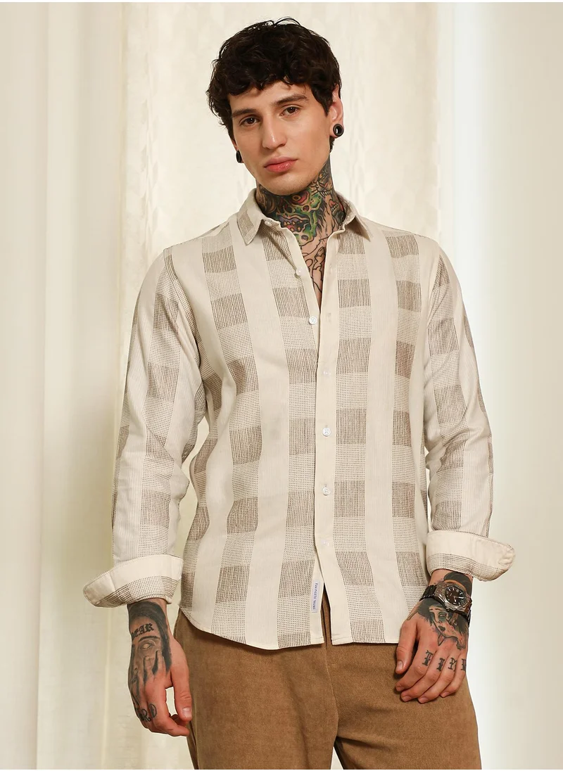 كامبوس سوترا Men's Beige Checkered Cotton Blend Full Sleeve Shirt