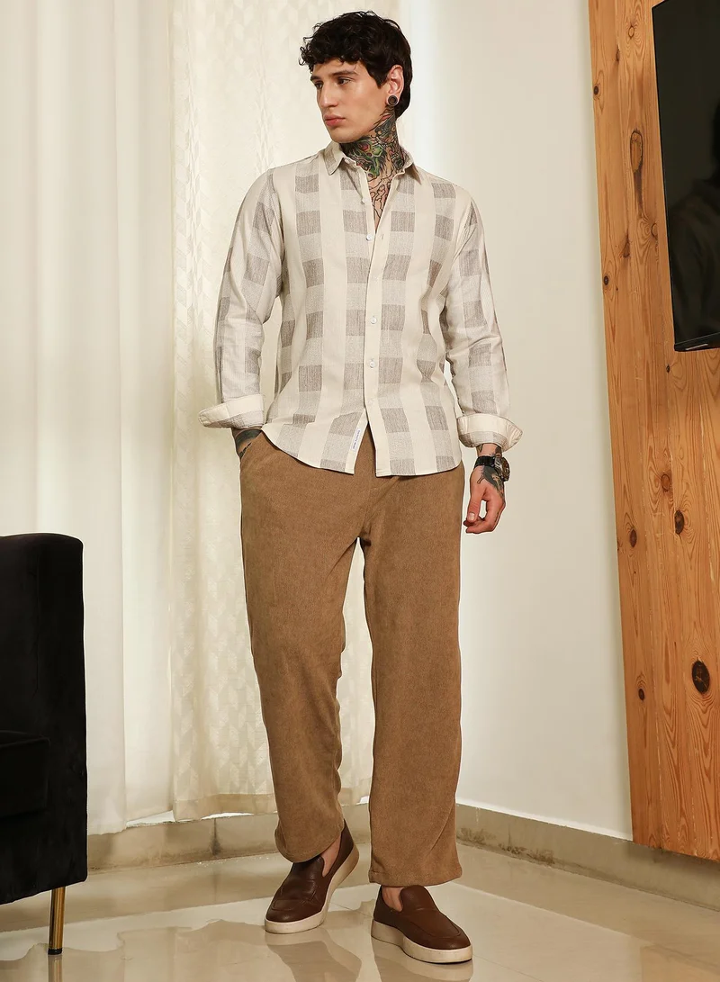Campus Sutra Men's Beige Checkered Cotton Blend Full Sleeve Shirt