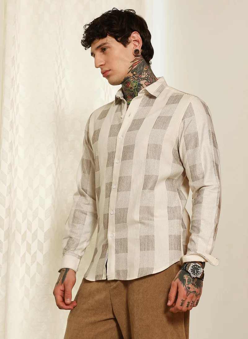Campus Sutra Men's Beige Checkered Cotton Blend Full Sleeve Shirt