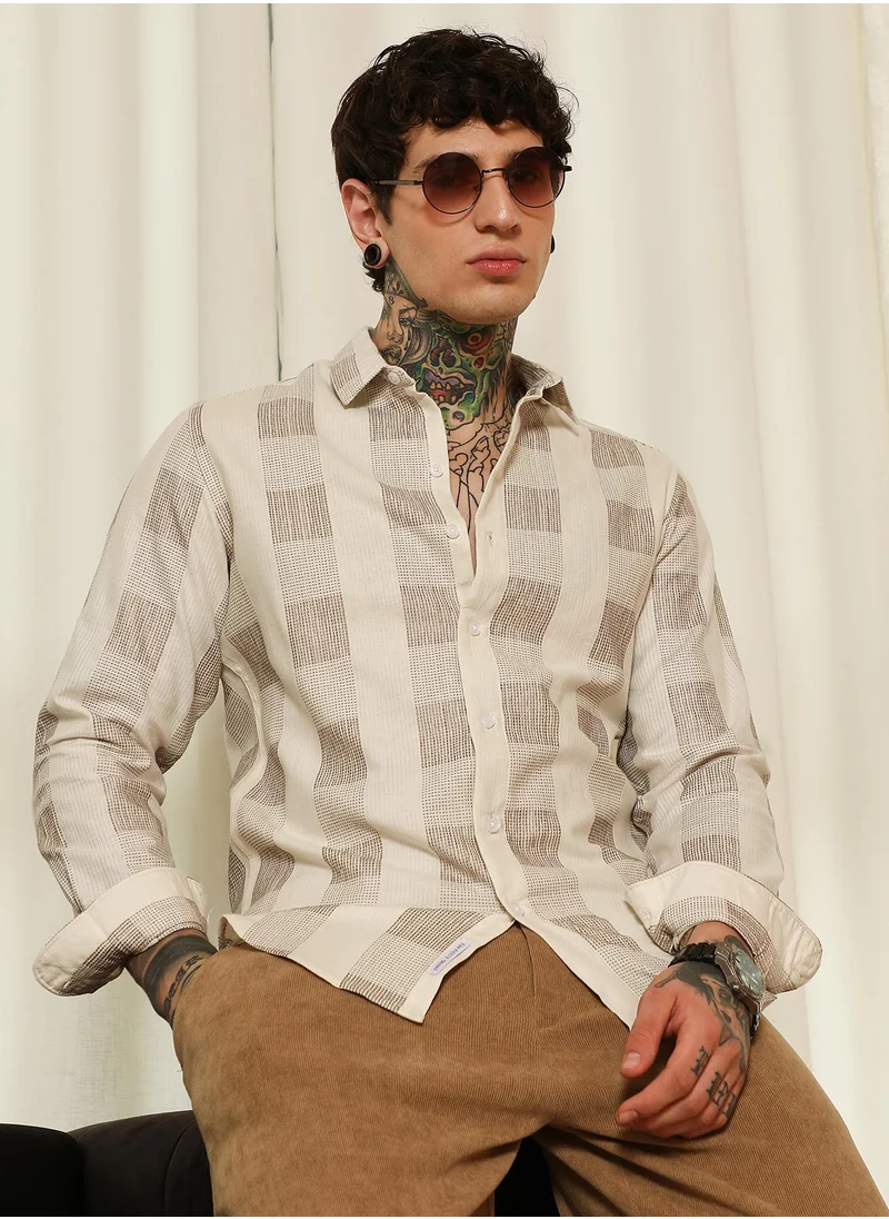 كامبوس سوترا Men's Beige Checkered Cotton Blend Full Sleeve Shirt