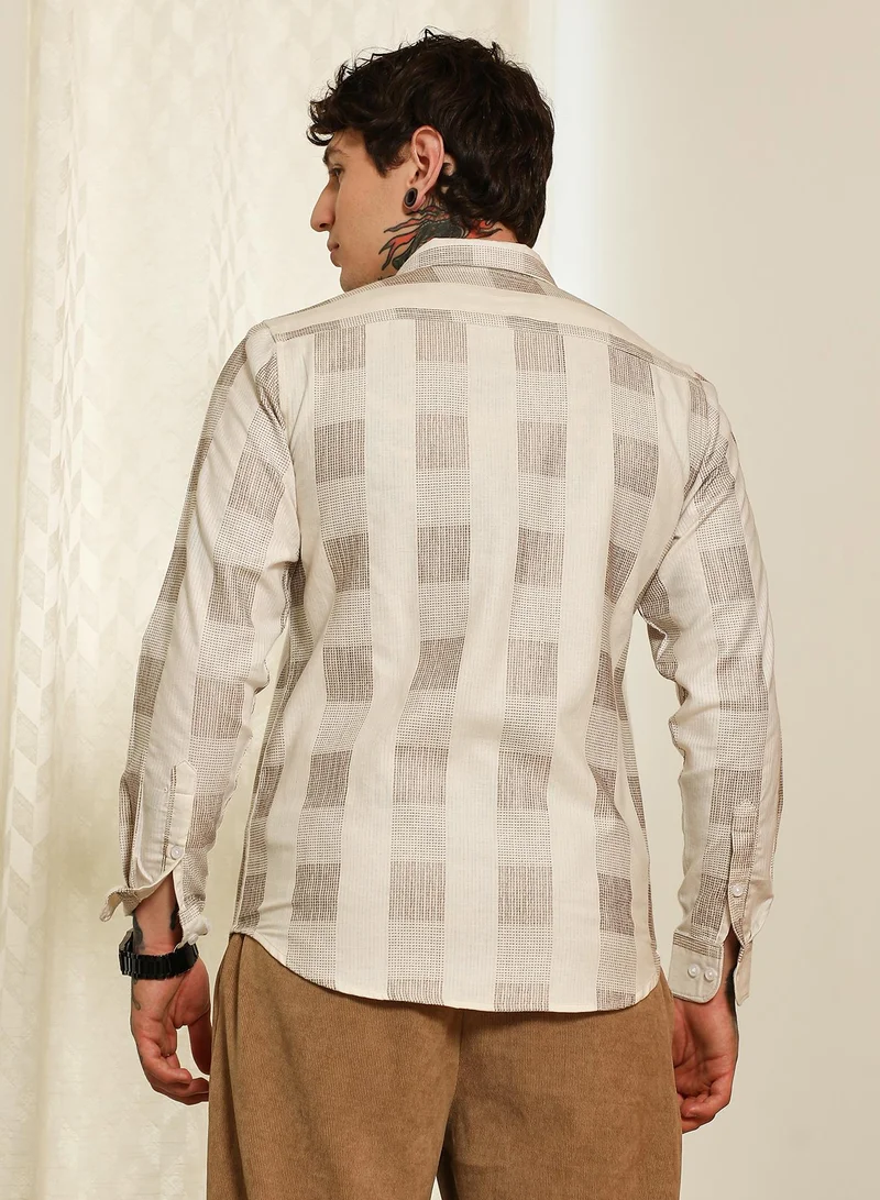 Campus Sutra Men's Beige Checkered Cotton Blend Full Sleeve Shirt