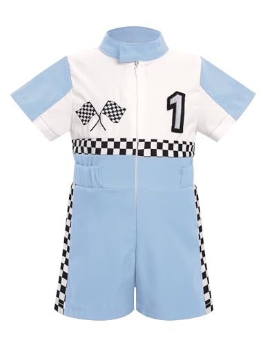 IWEMEK Baby Boy Race Car Driver Outfit 1st Birthday Party Fast One Birthday Outfit Kids Race Car Driver Romper Girls Boys Racer Jumpsuit Toddler Speed Racing Suit Cake Smash Photo Shoot Blue1Y - Image 1