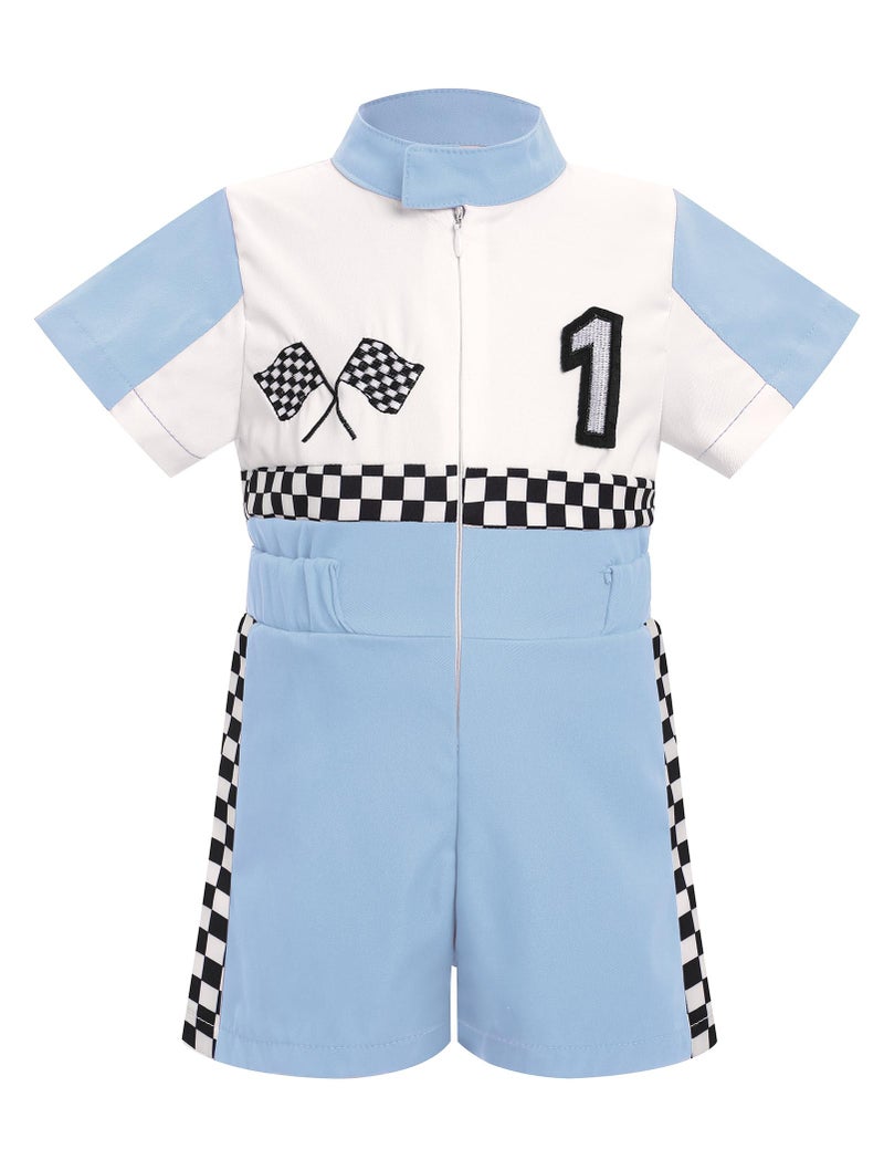 IWEMEK Baby Boy Race Car Driver Outfit 1st Birthday Party Fast One Birthday Outfit Kids Race Car Driver Romper Girls Boys Racer Jumpsuit Toddler Speed Racing Suit Cake Smash Photo Shoot Blue1Y - Image 2