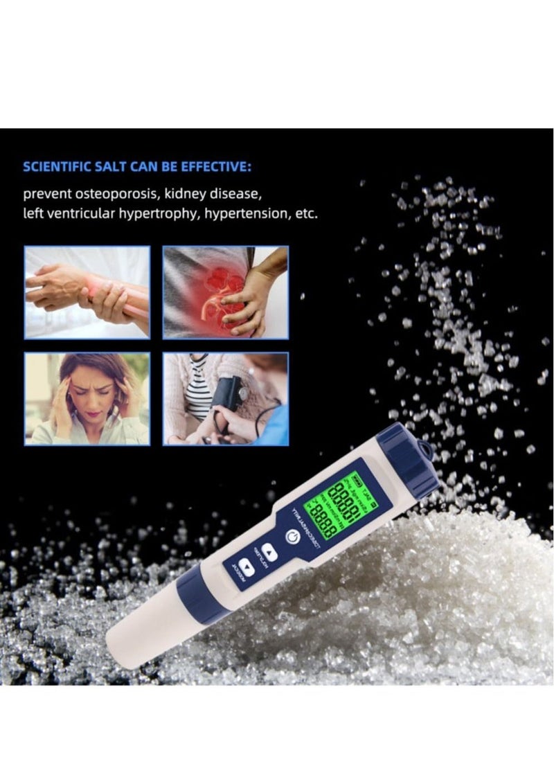 5 in 1 Electronic Household Meter, pH, TDS, EC, Salinity and Temperature Tester for Water Quality, with LCD Display, for Drinking Water, Aquarium, Swimming Pool