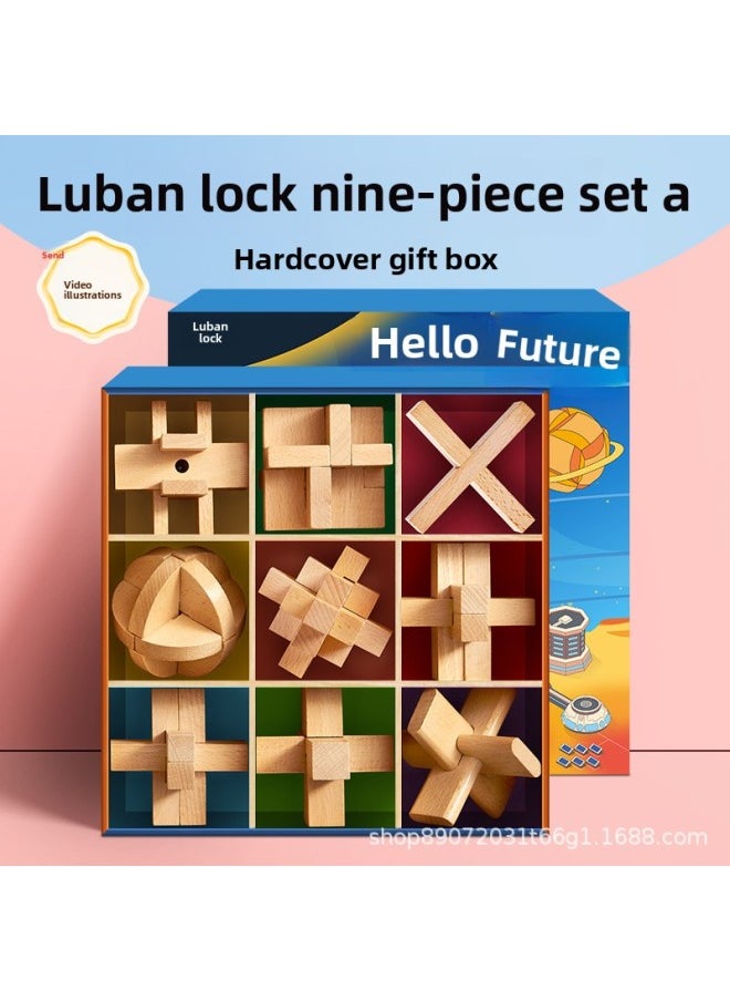 Generic - Kongming Lock Luban Lock Intelligence Children Primary School Students Mortise And Tenon Building Blocks Full Set Of Unlocking Educational Suit Birthday Children's Day-Color:Nine-square Set B - Image 1