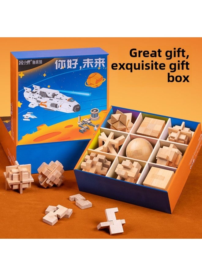Generic - Kongming Lock Luban Lock Intelligence Children Primary School Students Mortise And Tenon Building Blocks Full Set Of Unlocking Educational Suit Birthday Children's Day-Color:Nine-square Set B - Image 1
