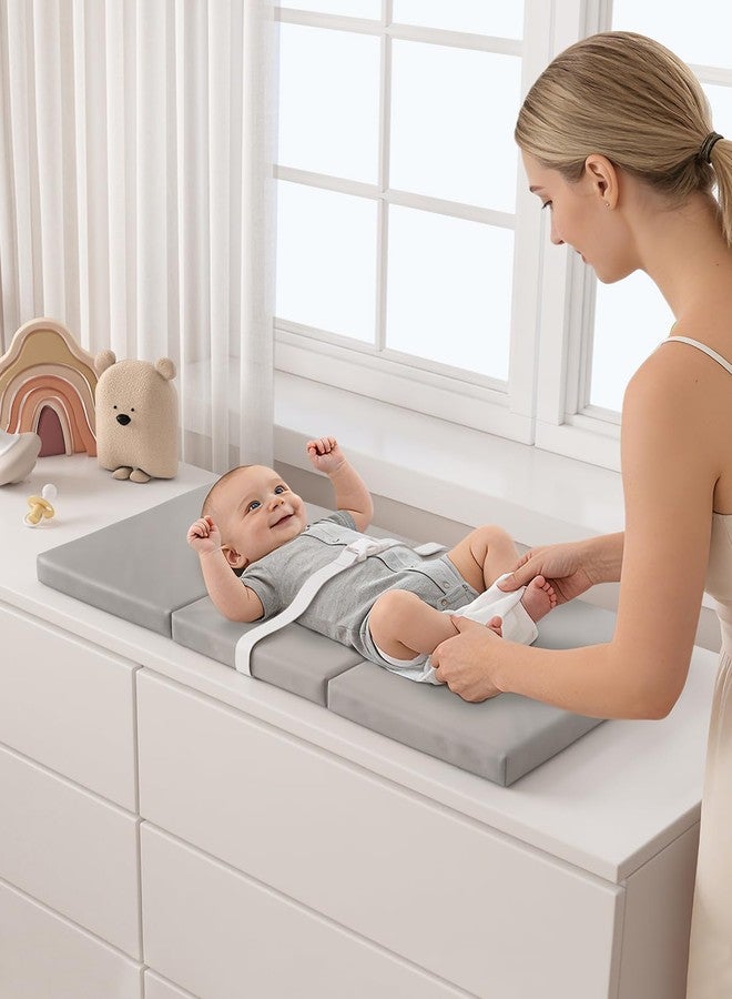 YACODAVO Portable Baby Changing Pad with Vegan Leather Cover, Standard Side Waterproof & Wipeable Changing Pad for Toddler, Flat Foam Travel Diaper Changing Pad for Dresser and Table, Grey - Image 3