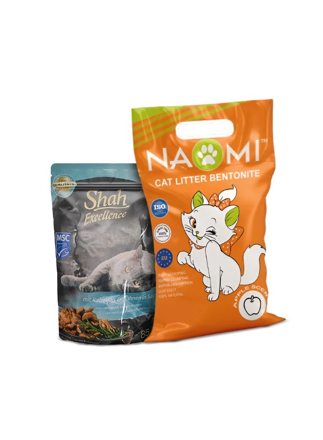 شاه طعام القطط شاه في صوص 85 جم + رمل القطط ناومي برائحة التفاح 5 لتر – باقة مميزة - Image 3