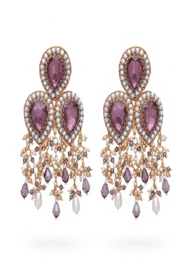 SANJOYA by EVERSTYLISH Embroidered Earrings for Women | Rosy Stone & Beaded Dangler Earrings | Ethnic Jewelry for Weddings, Festivals & Special Occasions - Image 1