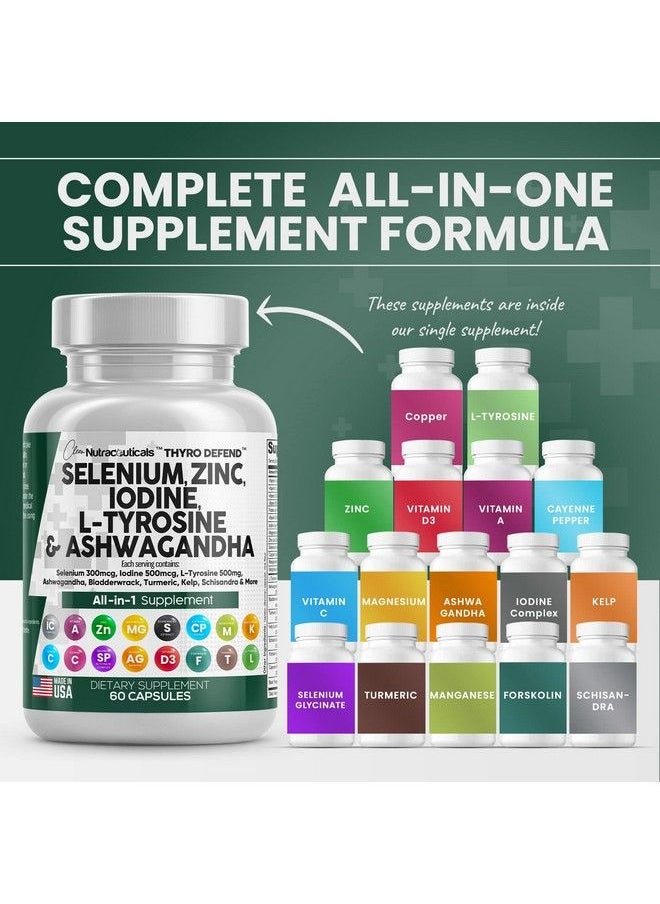 Clean Nutraceuticals - Selenium 300Mcg Zinc 50Mg Iodine 500Mcg L Tyrosine 500Mg Ashwagandha 6000Mg Thyroid Support Supplement For Women And Men With Bladderwrack Turmeric Kelp Schisandra Made In Usa 60 Caps - Image 1