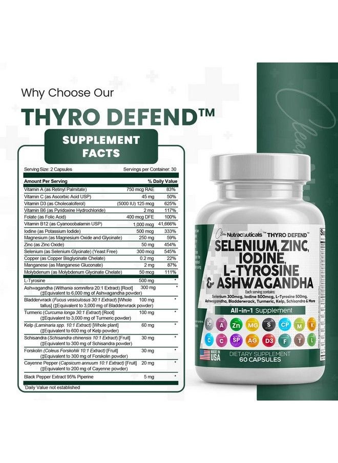 Clean Nutraceuticals - Selenium 300Mcg Zinc 50Mg Iodine 500Mcg L Tyrosine 500Mg Ashwagandha 6000Mg Thyroid Support Supplement For Women And Men With Bladderwrack Turmeric Kelp Schisandra Made In Usa 60 Caps - Image 1