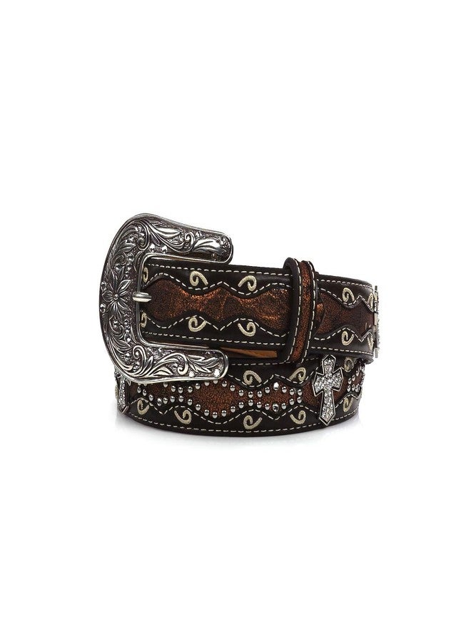 ARIAT Youth Girls Rhinestone Cross Conchos Faux Crocodile Belt, Brown, 28 - Image 2