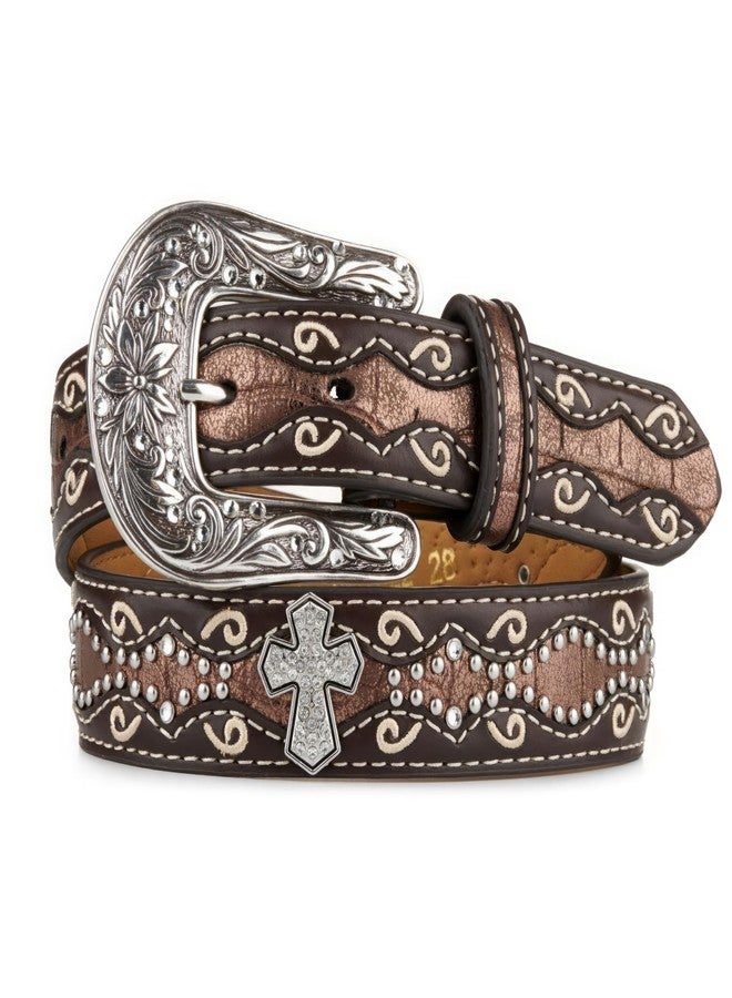 ARIAT Youth Girls Rhinestone Cross Conchos Faux Crocodile Belt, Brown, 28 - Image 1
