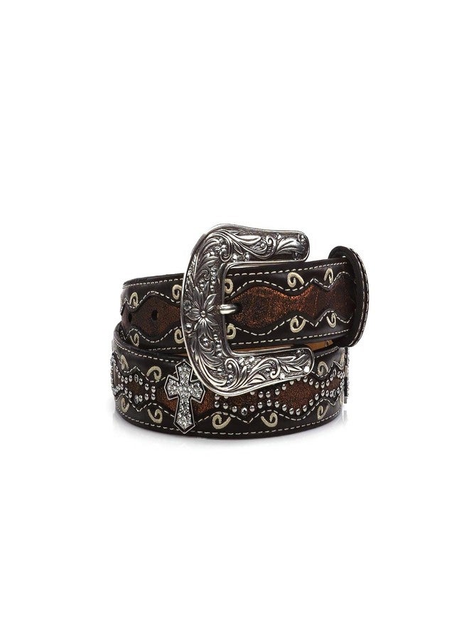 ARIAT Youth Girls Rhinestone Cross Conchos Faux Crocodile Belt, Brown, 28 - Image 3