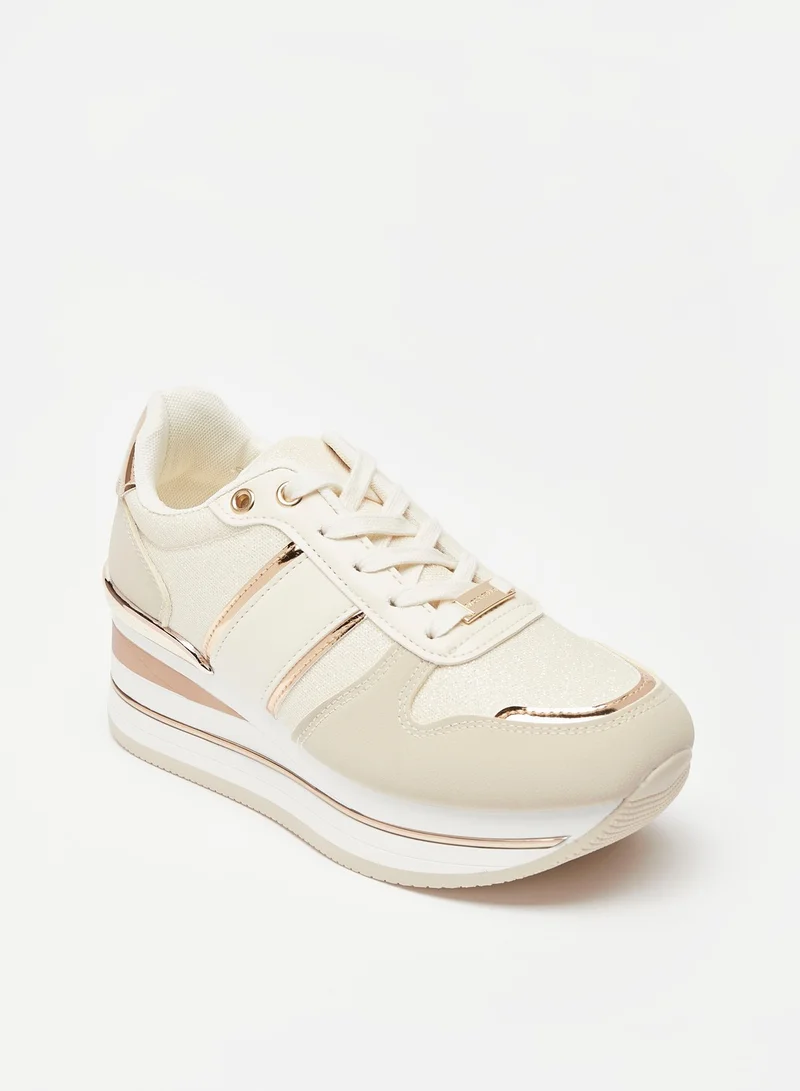 Flora Bella By Shoexpress Womens Solid Panel Detail Sneakers with Chunky Sole and Lace Up Closure