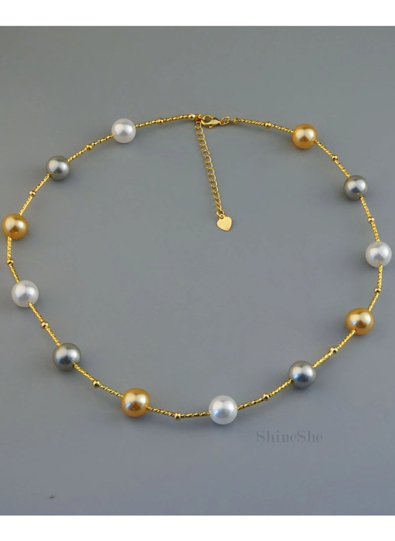 ShineShe - Enchanting Allure Golden Gray Starry Sky Pearl Necklace(10mm), ShineShe - Image 1