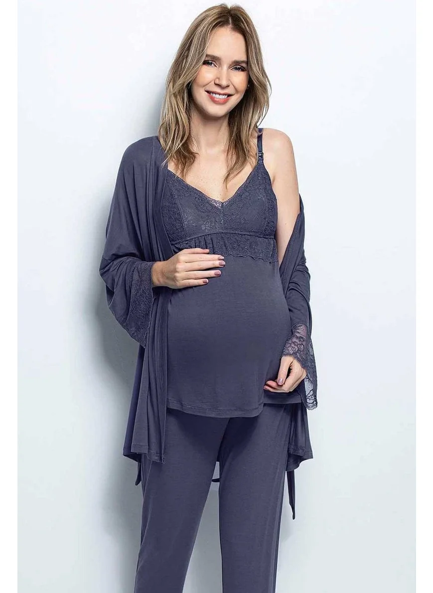 Monamise 18432 Pregnant Postpartum Pajamas Set - Navy Blue