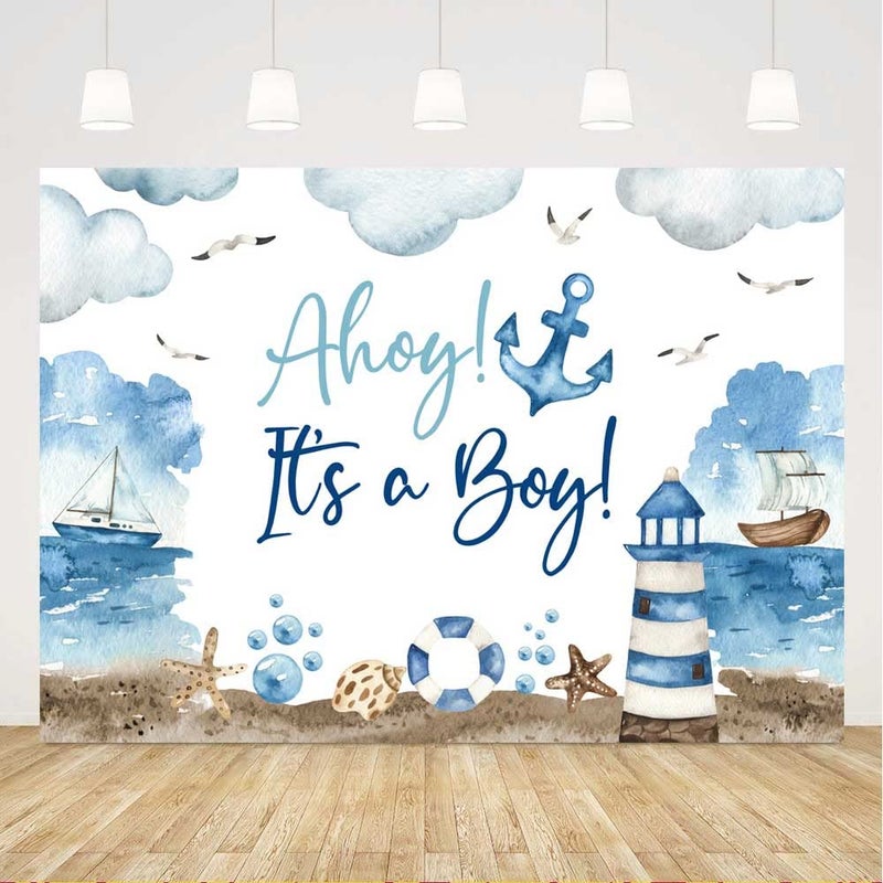 Ticuenicoa 7x5ft Ahoy Nautical Boy Baby Shower Backdrop Its a Boy White Clouds Blue Marine Sea Lighthouse Ship Background Newborn Baby Gender Reveal Party Decor Banner Photo Booth Props