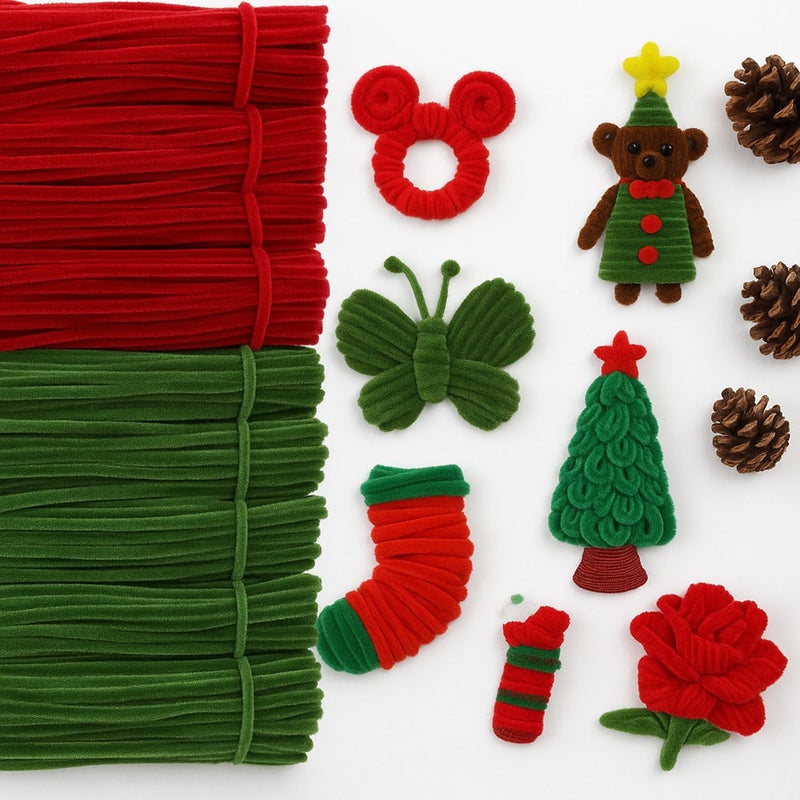 Daisyinner 700 Pcs Christmas Flower Cleaners Craft Pipe Bulk Pastel Chenille Stems Flower Diy Gradient Colored Fluffy For Friends School Classroom Thanksgiving Party Supplies(Red Green) - Image 1
