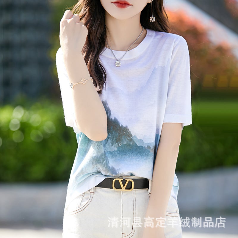 There Is Always A Suitable One-Summer Classic Joker Mulberry Silk Various Printed Pattern Round Neck Short Sleeve T-Shirt - Image 1