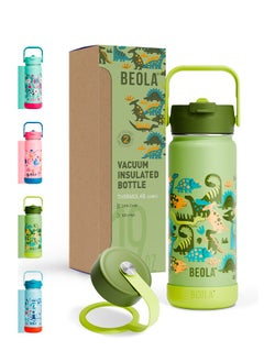 BEOLA 550ml Kids Water Bottle 18/8 Stainless Steel Double Wall Insulated Thermos Bottle with Straw Lid and Wide Mouth, Hot Cold Liquids Sports School Bottle (19oz,Dino Dreams)  - Image 1