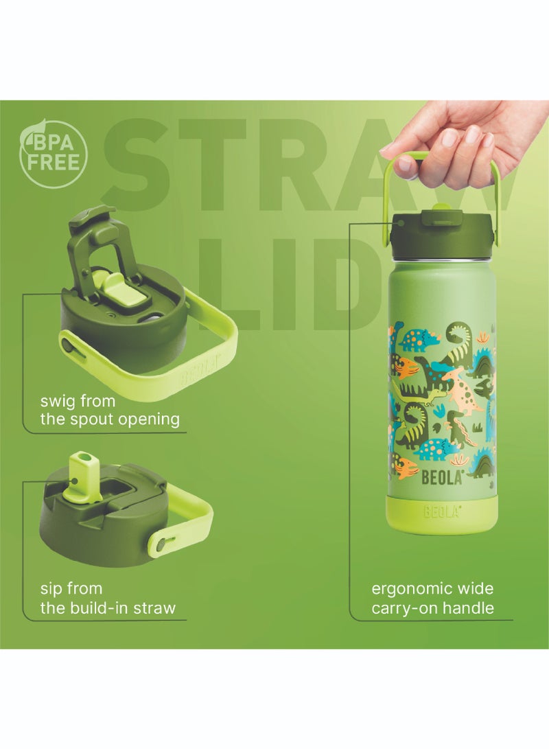 BEOLA 550ml Kids Water Bottle 18/8 Stainless Steel Double Wall Insulated Thermos Bottle with Straw Lid and Wide Mouth, Hot Cold Liquids Sports School Bottle (19oz,Dino Dreams)  - Image 3