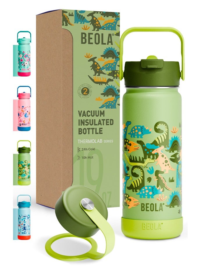 BEOLA 550ml Kids Water Bottle 18/8 Stainless Steel Double Wall Insulated Thermos Bottle with Straw Lid and Wide Mouth, Hot Cold Liquids Sports School Bottle (19oz,Dino Dreams)  - Image 1
