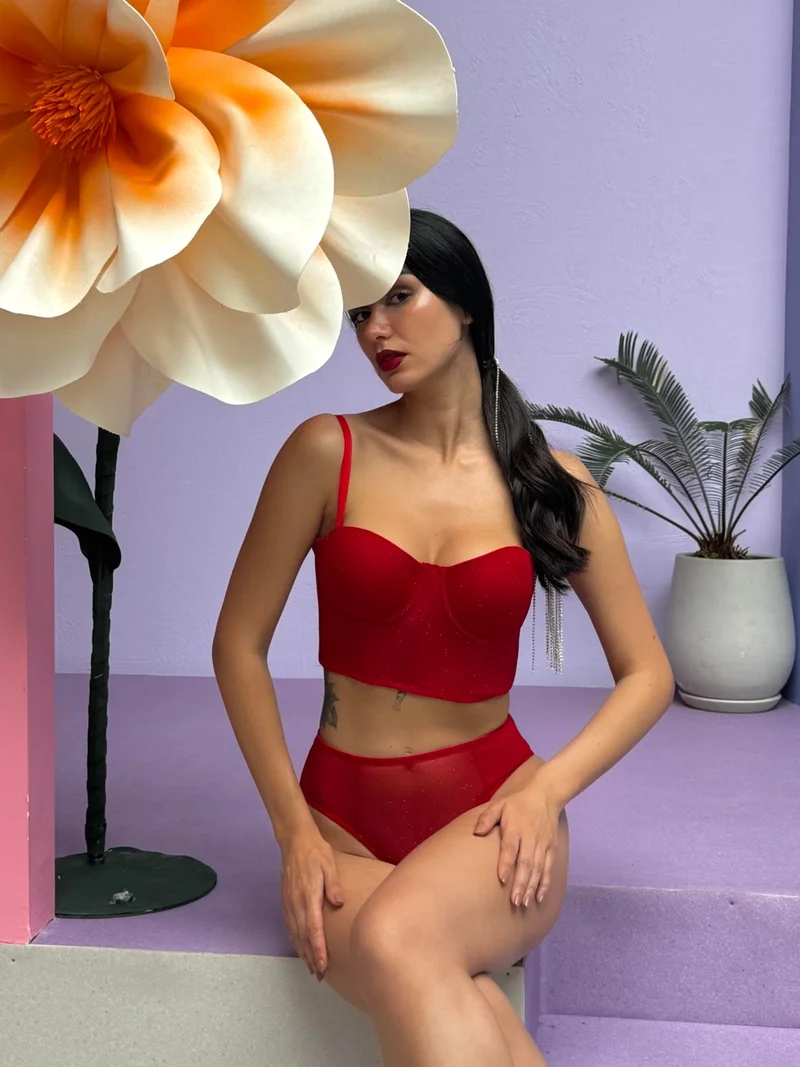 كانسوي Glitter Patterned Supported Red Bustier Set (687T)