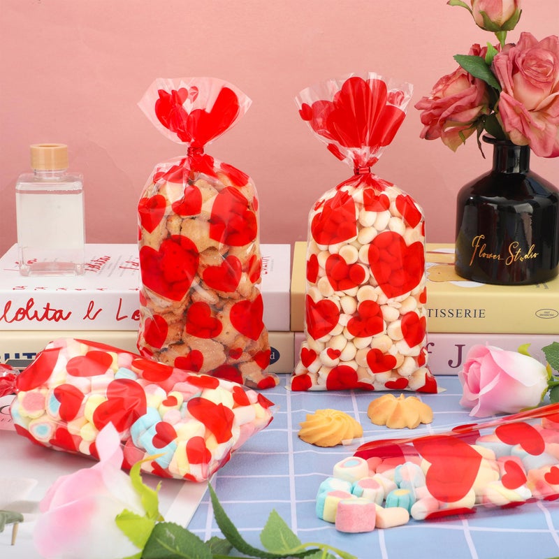 peony man 120 PCS Valentines Cellophane Treat Bags 10.6 x 5 Inch Valentine Heart Clear Candy Bag Red Hearts Plastic Goodie Bags with Twist Ties for Valentines Day Cookie Gift Bag Wedding Party Favors Supplies - Image 4