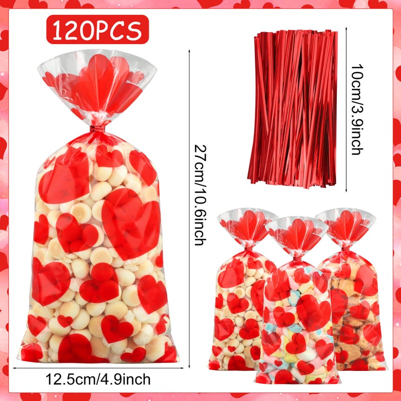 peony man 120 PCS Valentines Cellophane Treat Bags 10.6 x 5 Inch Valentine Heart Clear Candy Bag Red Hearts Plastic Goodie Bags with Twist Ties for Valentines Day Cookie Gift Bag Wedding Party Favors Supplies - Image 2