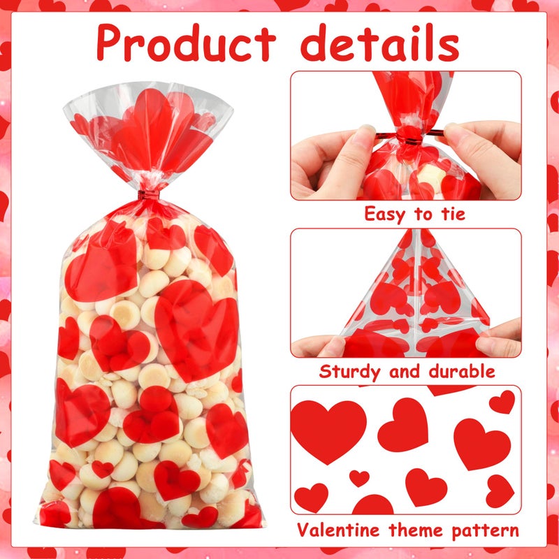 peony man 120 PCS Valentines Cellophane Treat Bags 10.6 x 5 Inch Valentine Heart Clear Candy Bag Red Hearts Plastic Goodie Bags with Twist Ties for Valentines Day Cookie Gift Bag Wedding Party Favors Supplies - Image 3