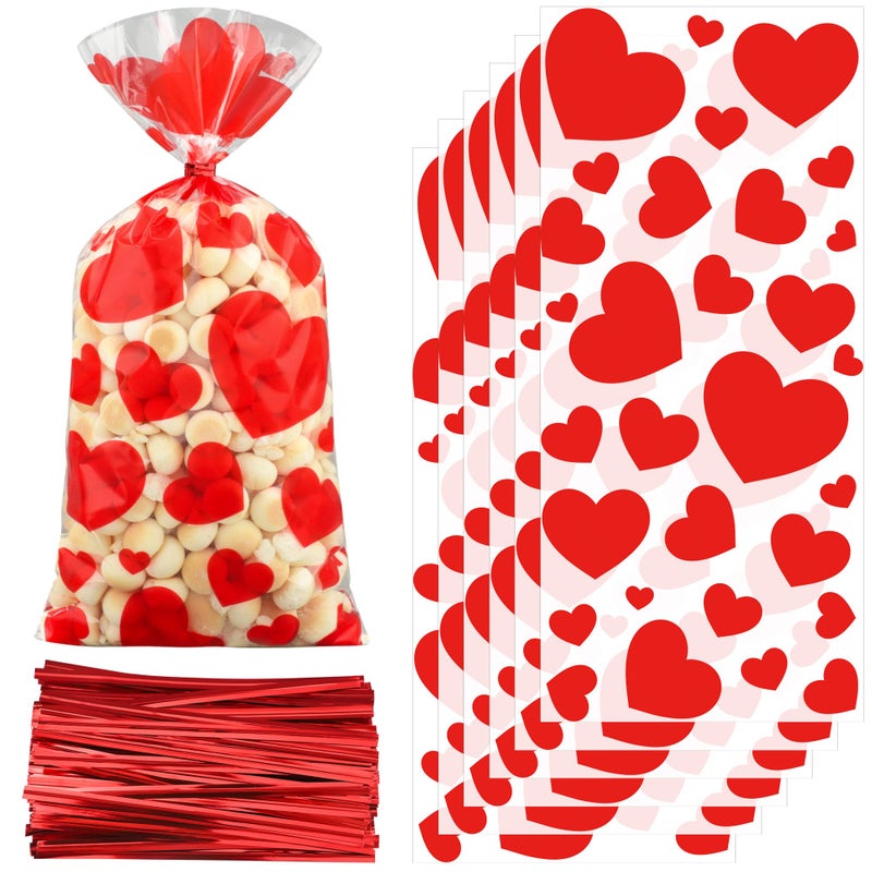peony man 120 PCS Valentines Cellophane Treat Bags 10.6 x 5 Inch Valentine Heart Clear Candy Bag Red Hearts Plastic Goodie Bags with Twist Ties for Valentines Day Cookie Gift Bag Wedding Party Favors Supplies - Image 1