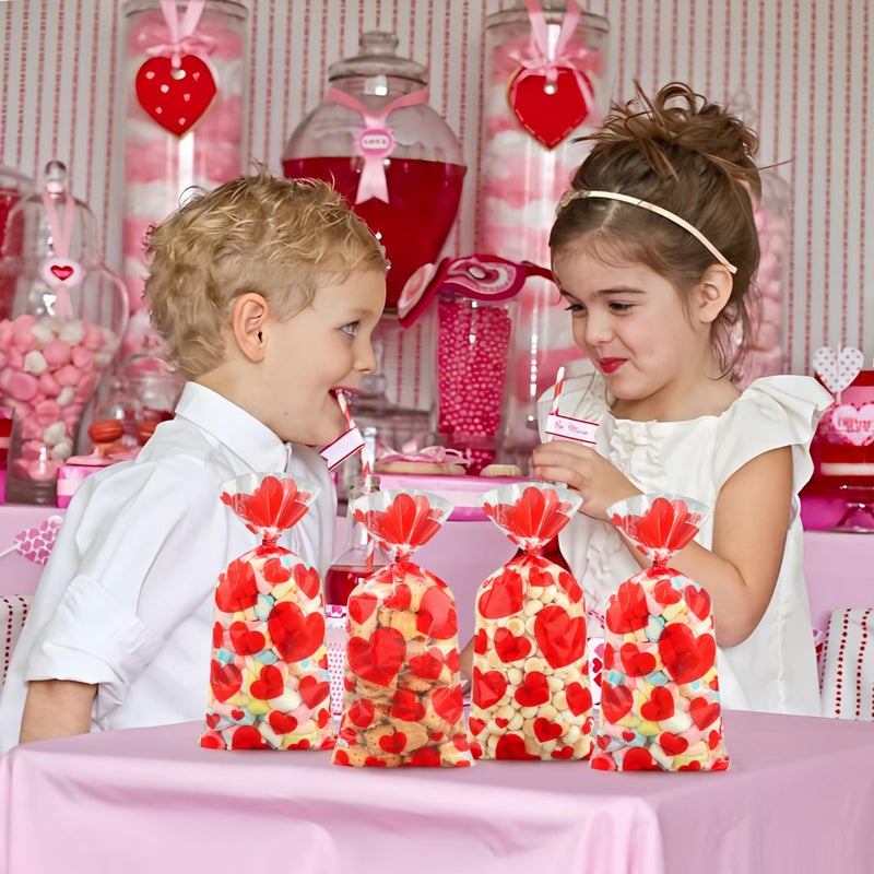 peony man 120 PCS Valentines Cellophane Treat Bags 10.6 x 5 Inch Valentine Heart Clear Candy Bag Red Hearts Plastic Goodie Bags with Twist Ties for Valentines Day Cookie Gift Bag Wedding Party Favors Supplies - Image 5
