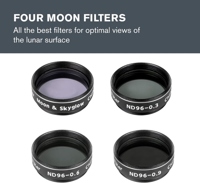 Celestron طقم فلتر القمر - يناسب عدسات التلسكوب 1.25 بوصة - يتضمن 4 فلاتر كثافة محايدة وفلاتر توهج السماء بالإضافة إلى خريطة القمر - ملحق مثالي للمبتدئين في علم الفلك - Image 2